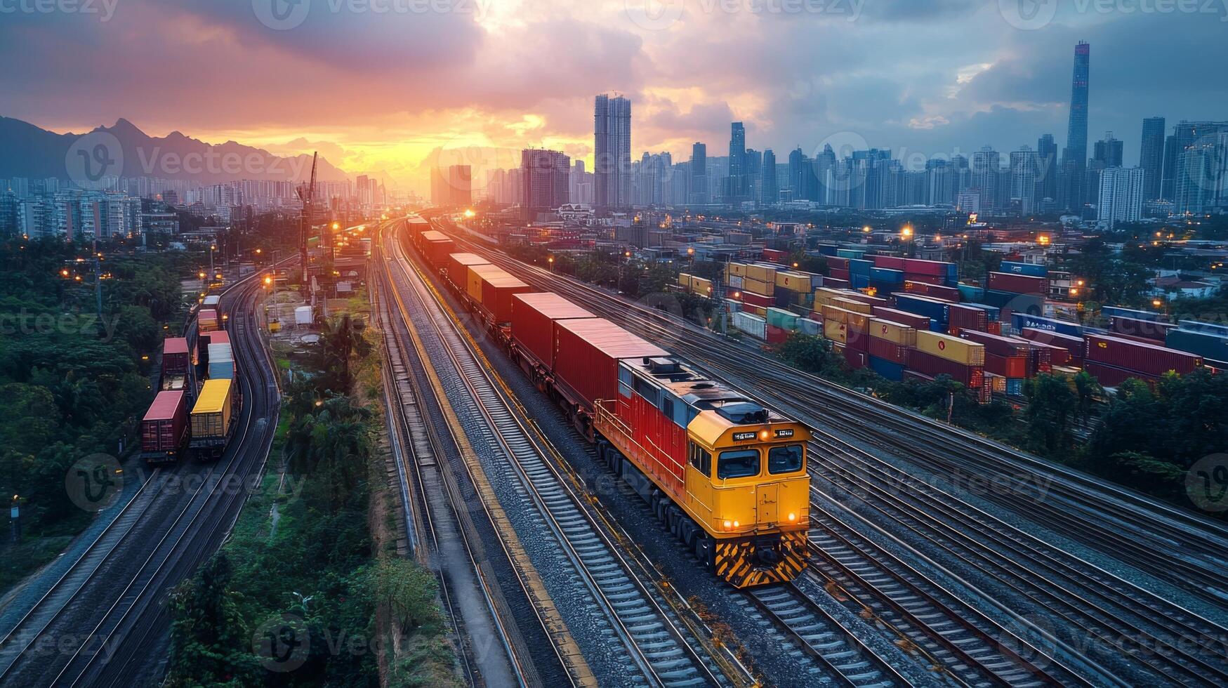 Freight train travels along railway tracks, hauling colorful shipping containers in an urban distribution area during a vibrant sunset, highlighting logistics operations. photo