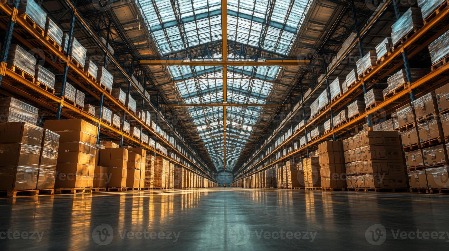 Large warehouse interior showcases organized storage with pallets and boxes neatly arranged along the aisles, illuminated by warm natural light from the skylights. photo