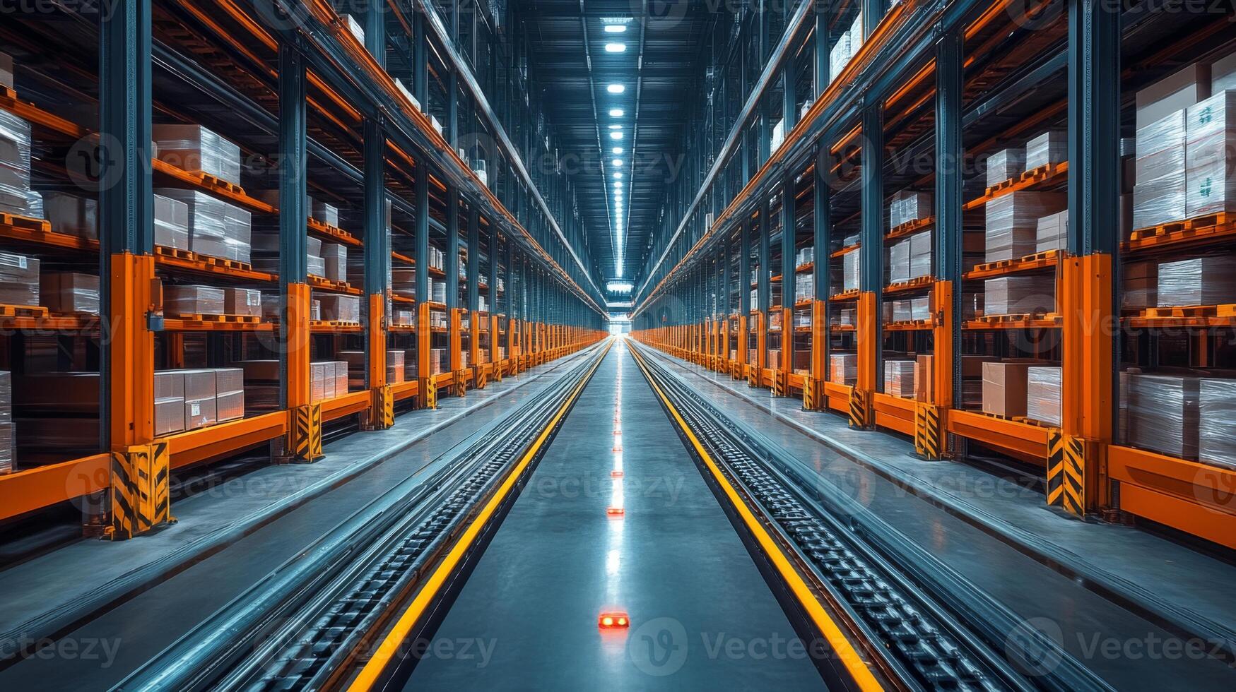 A spacious warehouse designed for logistics and distribution, showcasing neatly arranged storage shelves filled with inventory. photo