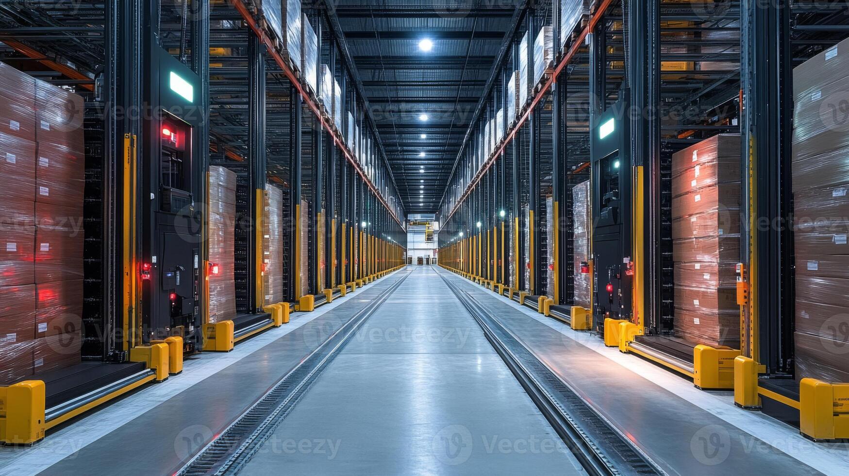 Wide aisles in a contemporary warehouse filled with tall shelves stacked with boxes, highlighting organization and cutting edge storage solutions for logistics operations. photo