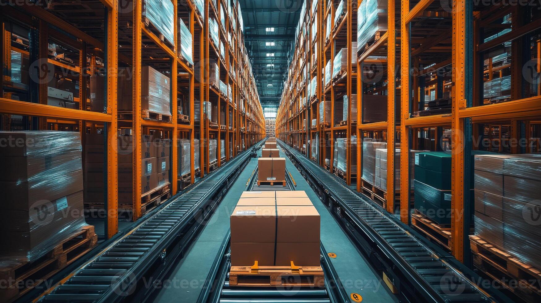 Rows of neatly stacked pallets in a large warehouse. Automated systems are sorting and transporting boxes along the aisles, ensuring effective distribution. photo
