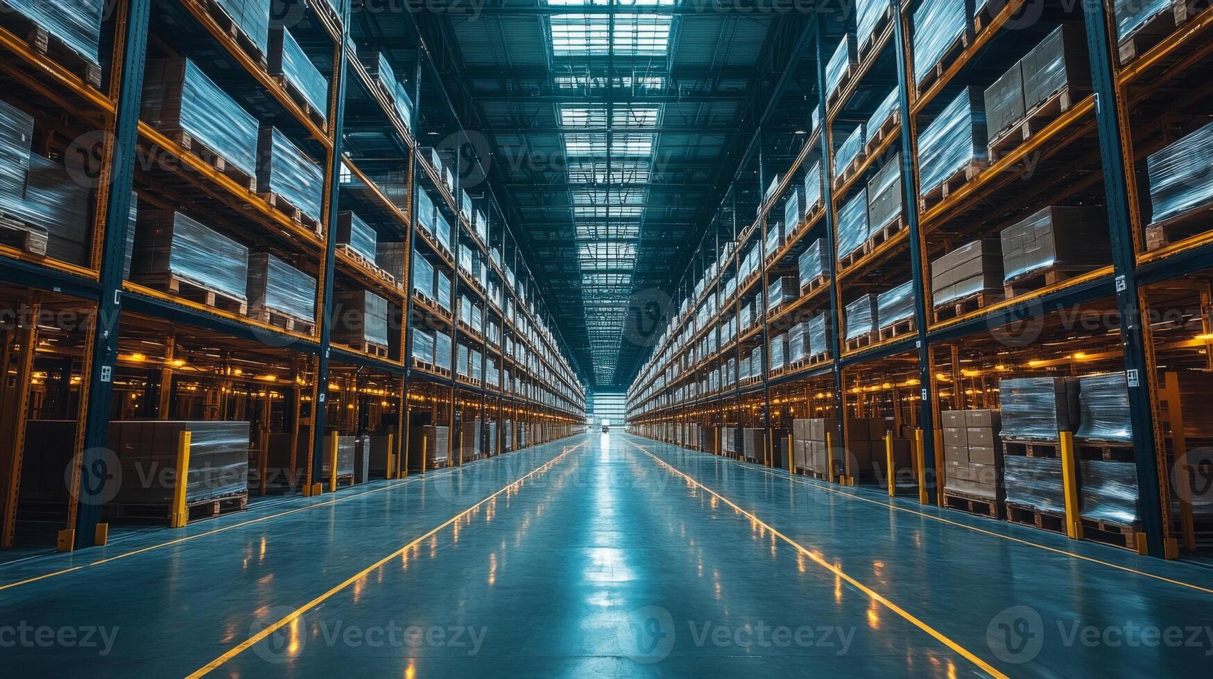 Inside a spacious warehouse, tall shelves are filled with neatly arranged inventory, showcasing a well organized logistics hub focused on sorting and fulfillment. photo