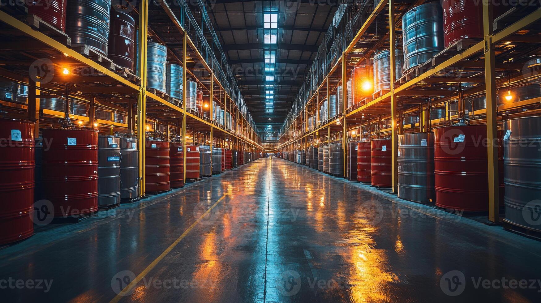 Rows of large barrels in a well organized warehouse create a structured environment for logistics and inventory management, illuminated by overhead lights for visibility. photo