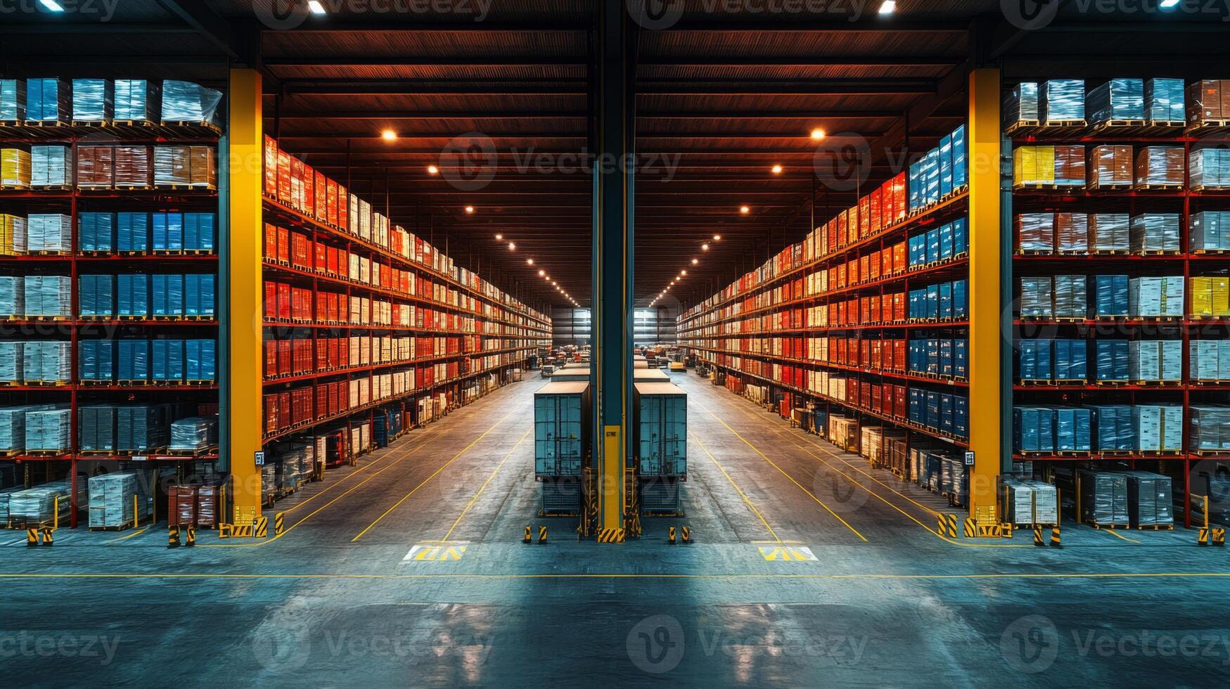 Rows of neatly stacked cargo containers fill the spacious warehouse, illuminated by overhead lights. Workers manage inventory and prepare shipments in this busy logistics hub. photo