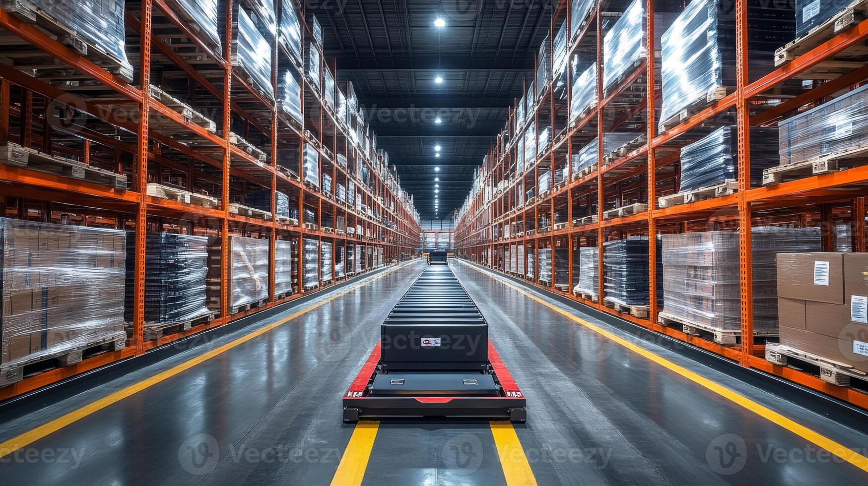 A well organized warehouse shows a central pathway lined with pallets and cargo. Efficient logistics practices enhance inventory management and storage. photo