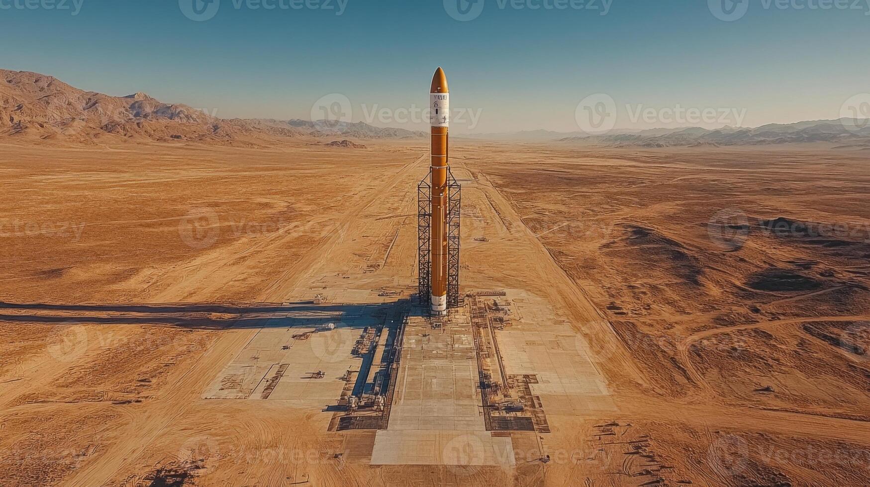 A towering rocket stands ready for launch in a remote desert area under clear blue skies. It reflects advancements in propulsion and recovery techniques for space missions. photo