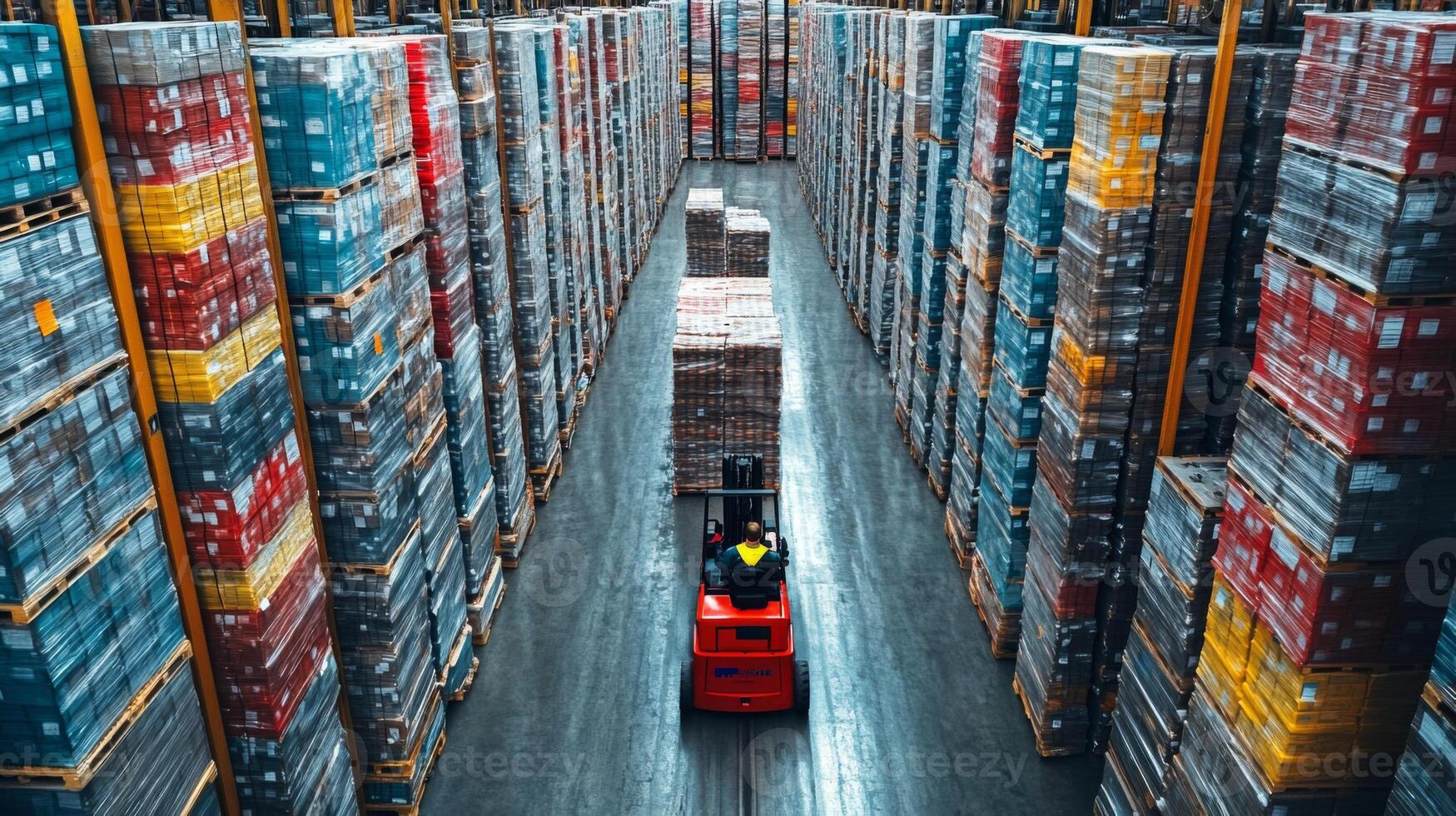 A worker operates a forklift in a vast warehouse filled with tall stacks of pallets, focusing on efficient sorting and inventory management in the distribution center. photo