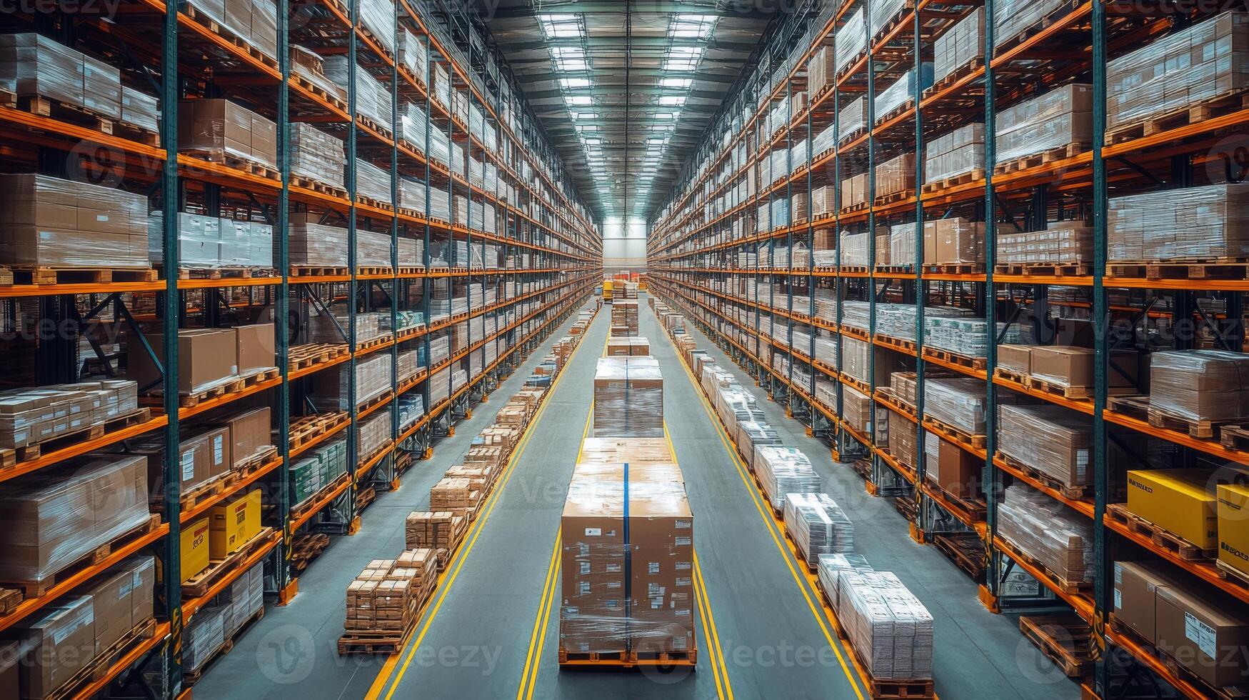 Large warehouse showcasing extensive shelving systems filled with packages and boxes, enabling efficient logistics operations and inventory management for distribution. photo