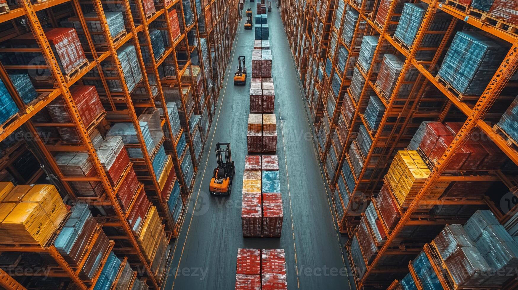 Forklifts navigate through a wide aisle between tall shelves filled with orderly stacks of colorful cargo crates, showcasing logistics and distribution activities within a warehouse. photo
