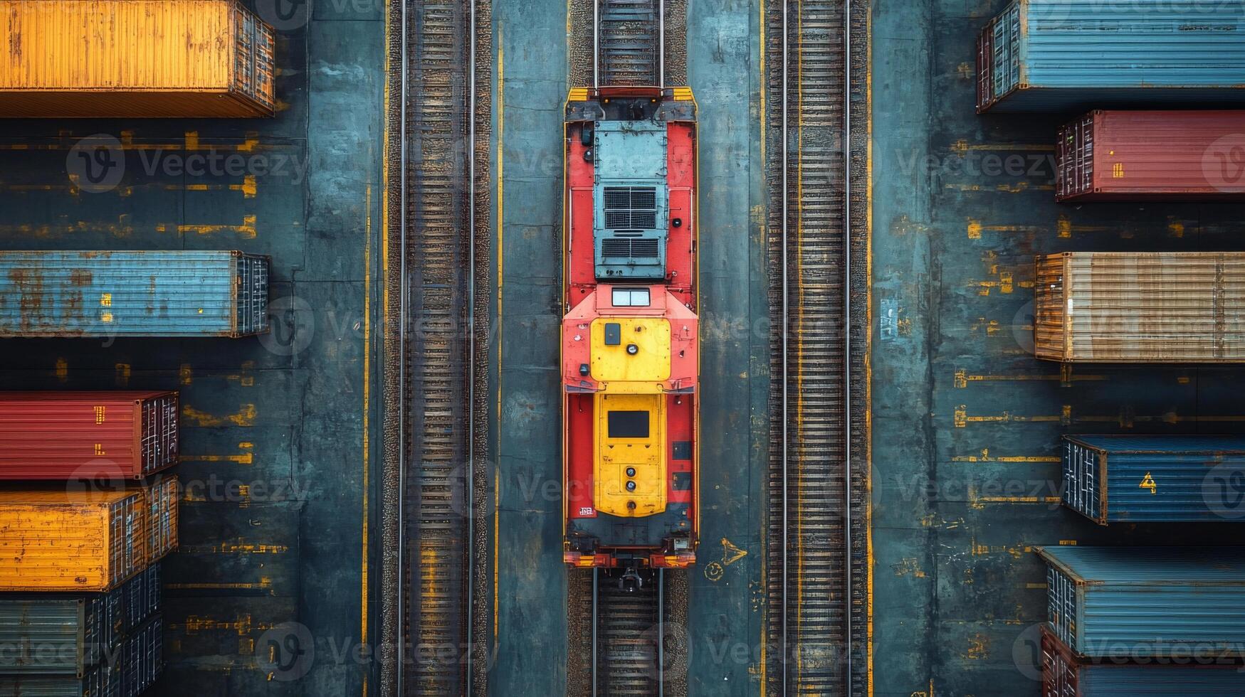 A train is strategically placed on tracks surrounded by colorfully stacked cargo containers within a busy logistics and distribution yard during the evening. photo