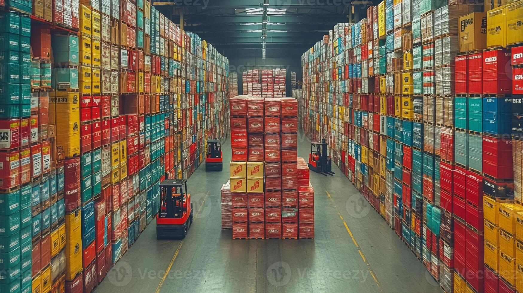 Forklifts move through a spacious warehouse filled with neatly stacked containers and boxes, showcasing a busy logistics operation focused on efficient inventory management. photo