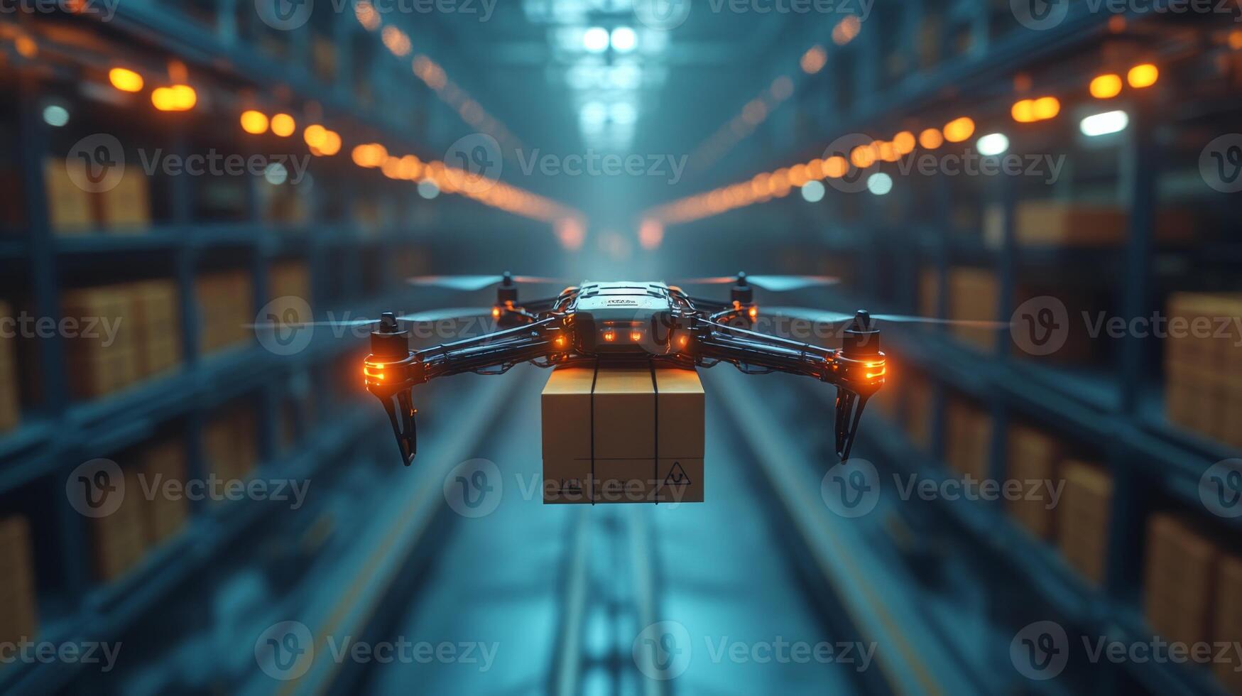 A drone is transporting a package through a large warehouse designed for logistics and storage, showcasing advanced technology in inventory handling and distribution. photo