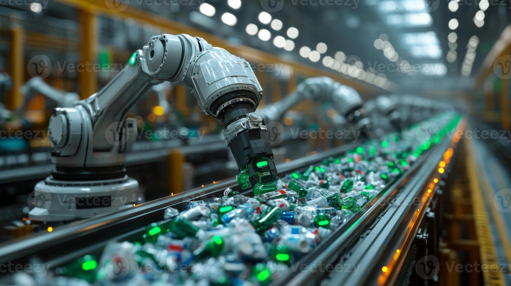Cutting edge robotic arms are actively sorting and processing recyclable materials on a conveyor belt in a spacious, well lit warehouse dedicated to sustainable logistics and distribution. photo