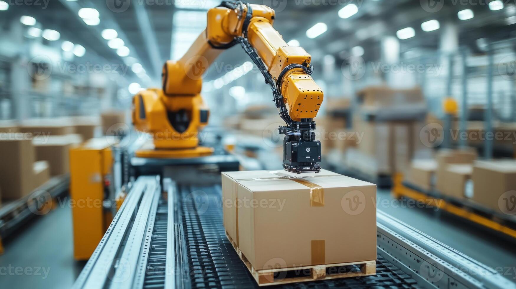 A robotic arm operates in a logistics warehouse, seamlessly moving packaged boxes onto pallets, showcasing automated inventory handling and sustainable practices in distribution. photo