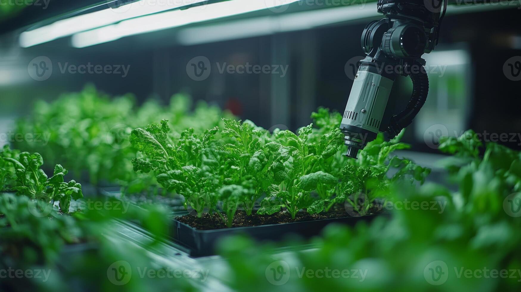 Automated equipment tends to leafy greens in a climate managed warehouse, optimizing growth conditions for perishable produce in a high tech setting. photo