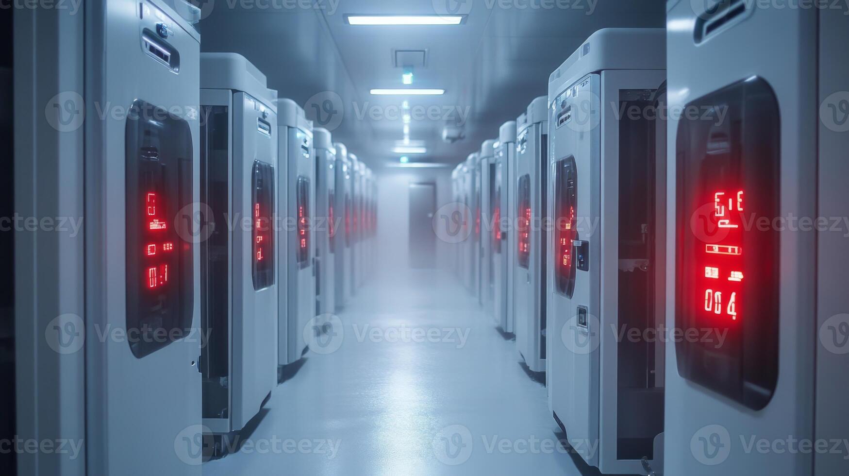 A modern cold storage facility focuses on maintaining optimal temperatures for pharmaceuticals and perishable goods. Rows of refrigeration units showcase digital temperature displays. photo