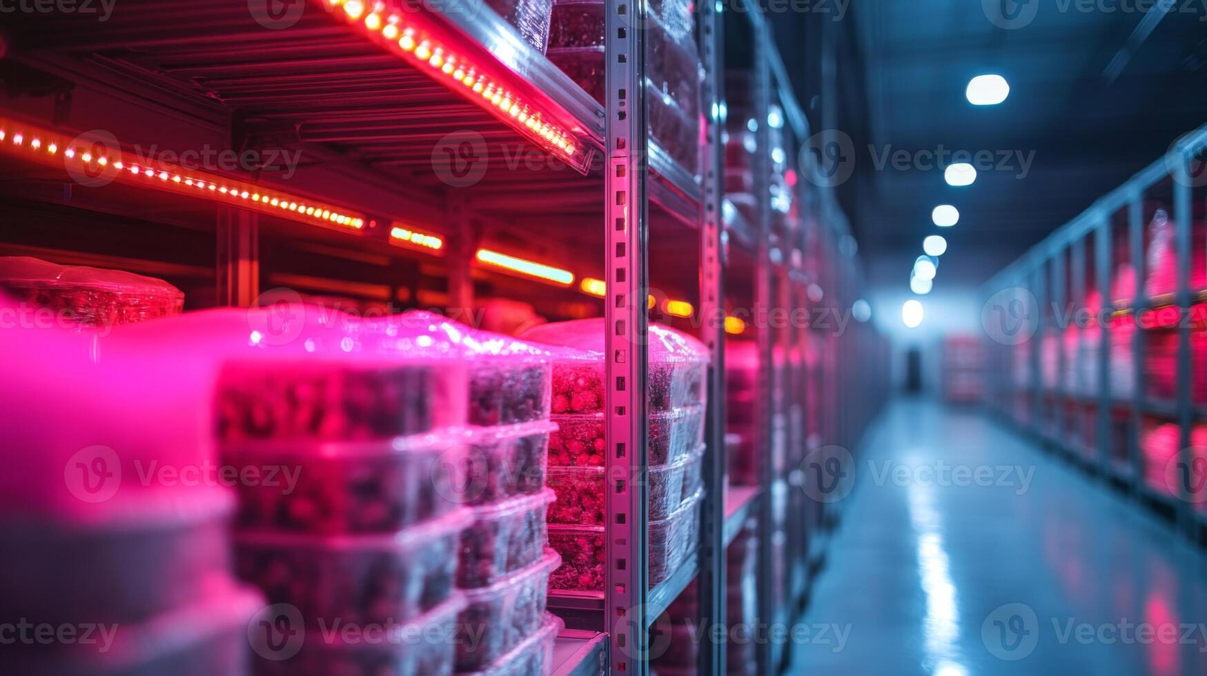 Rows of storage shelves, filled with perishable items are illuminated by red lighting in a climate controlled warehouse designed for logistics and distribution of pharmaceutical products. photo