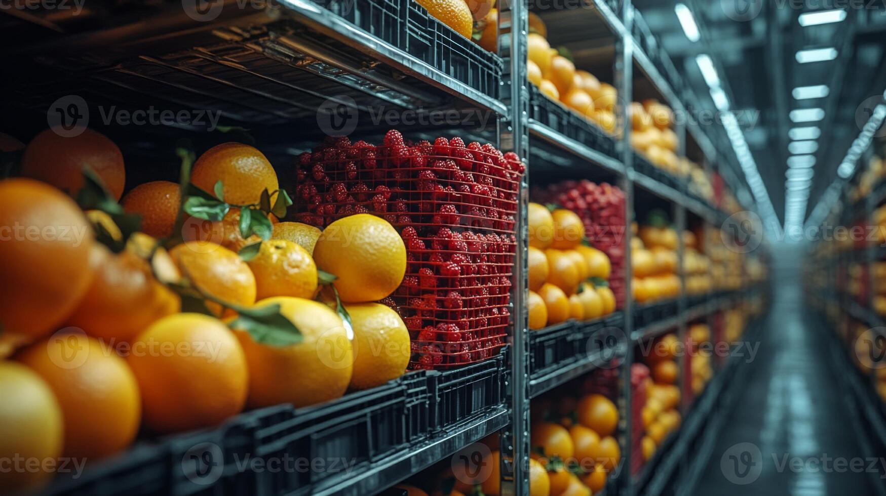 Brightly lit warehouse contains shelves filled with oranges and raspberries, illustrating efficient inventory management for perishable products in refrigeration. photo