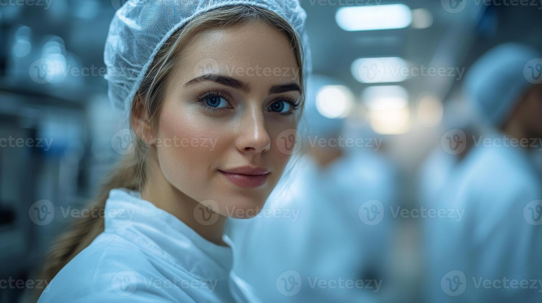 A woman, wearing a hairnet and white uniform, is focused on her tasks in a busy logistics center filled with workers organizing storage and managing inventory efficiently. photo