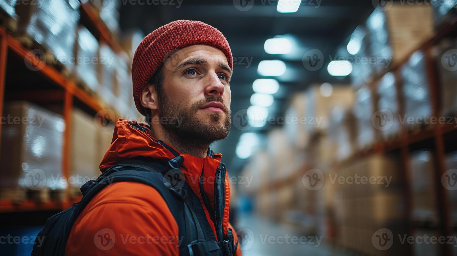 A logistics professional is reviewing inventory in a busy warehouse filled with pallets and packages. The atmosphere emphasizes efficiency and sustainability in storage and recycling. photo