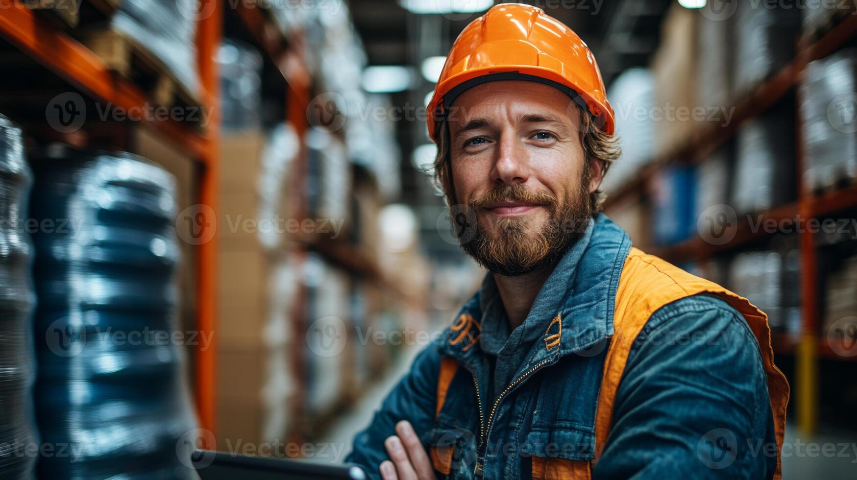 In a bustling warehouse, a logistics employee wearing a hard hat stands with crossed arms, overseeing the orderly storage of materials and ensuring efficient distribution practices. photo