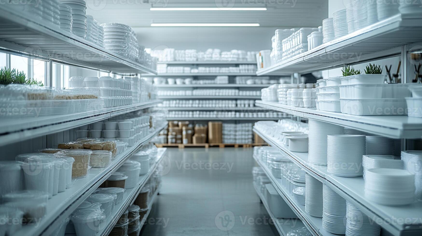 Rows of shelves display neatly arranged packaging materials and tableware in a logistics warehouse focused on inventory management and sustainability efforts. photo