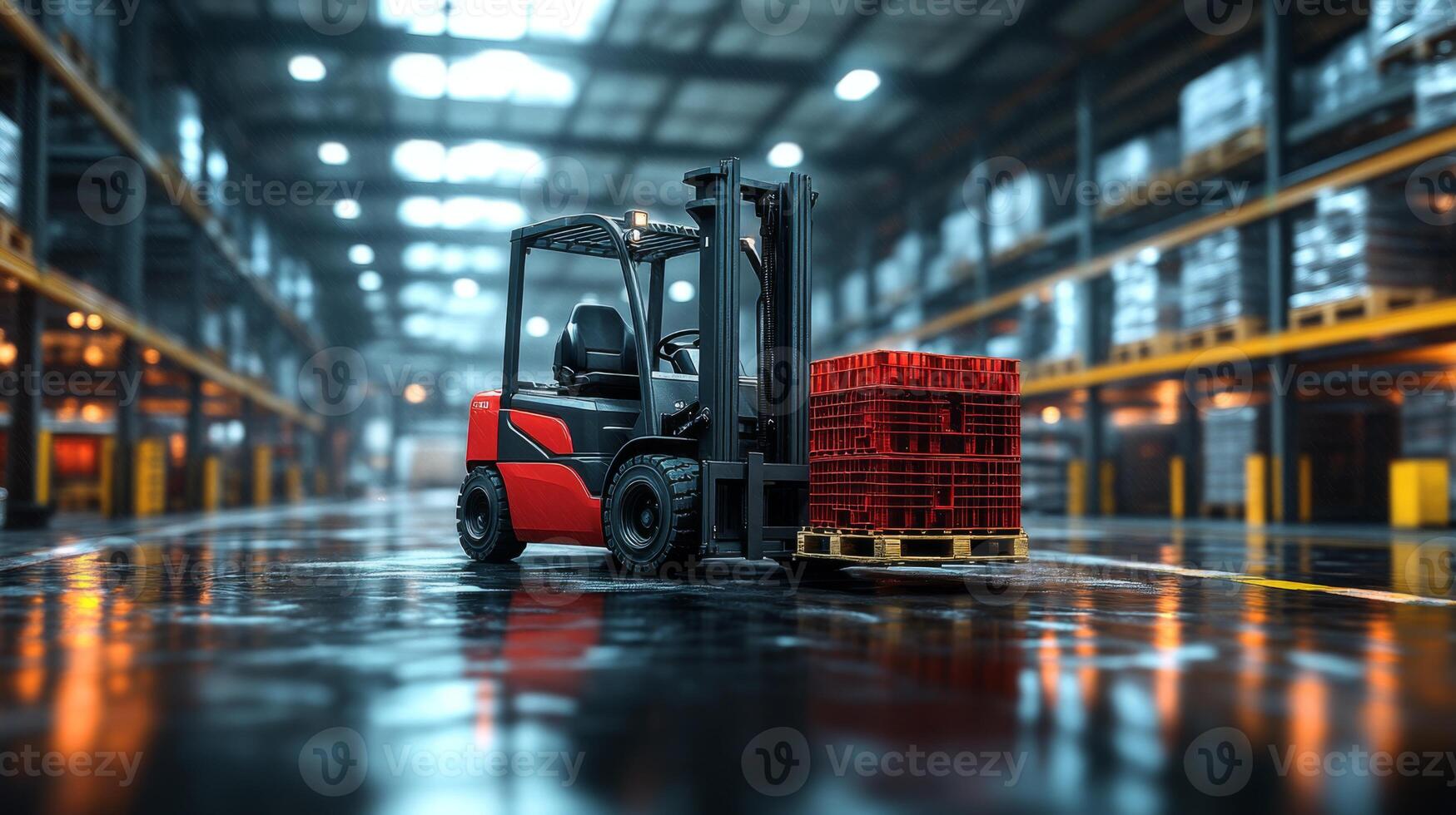 A forklift transports a stack of red plastic pallets in an expansive warehouse filled with shelves of stored materials and organized inventory, emphasizing logistics and efficiency. photo