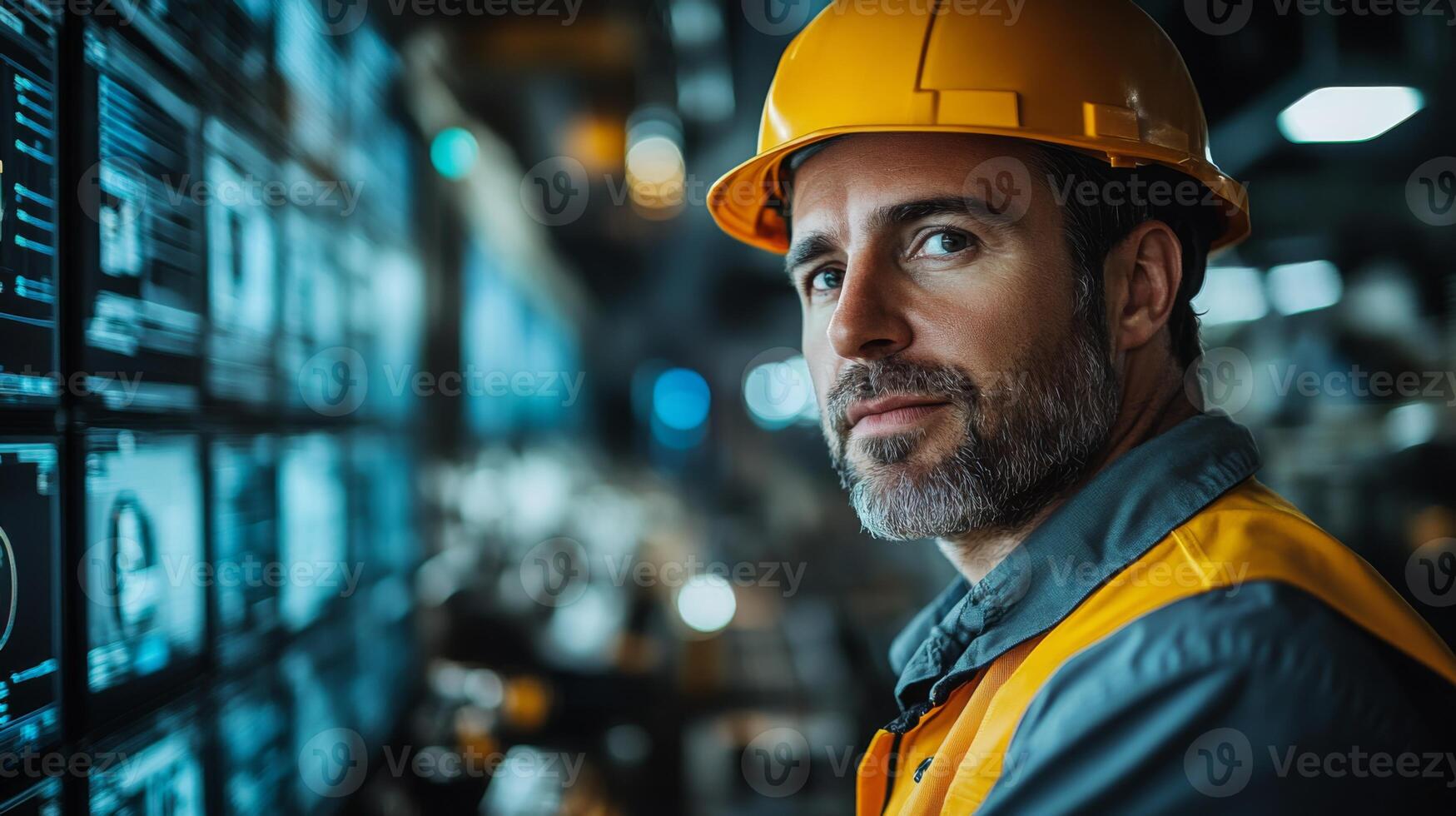 A logistics professional wearing a safety helmet monitors inventory data on high tech screens in a busy warehouse distribution center focused on recycling and sustainability efforts. photo