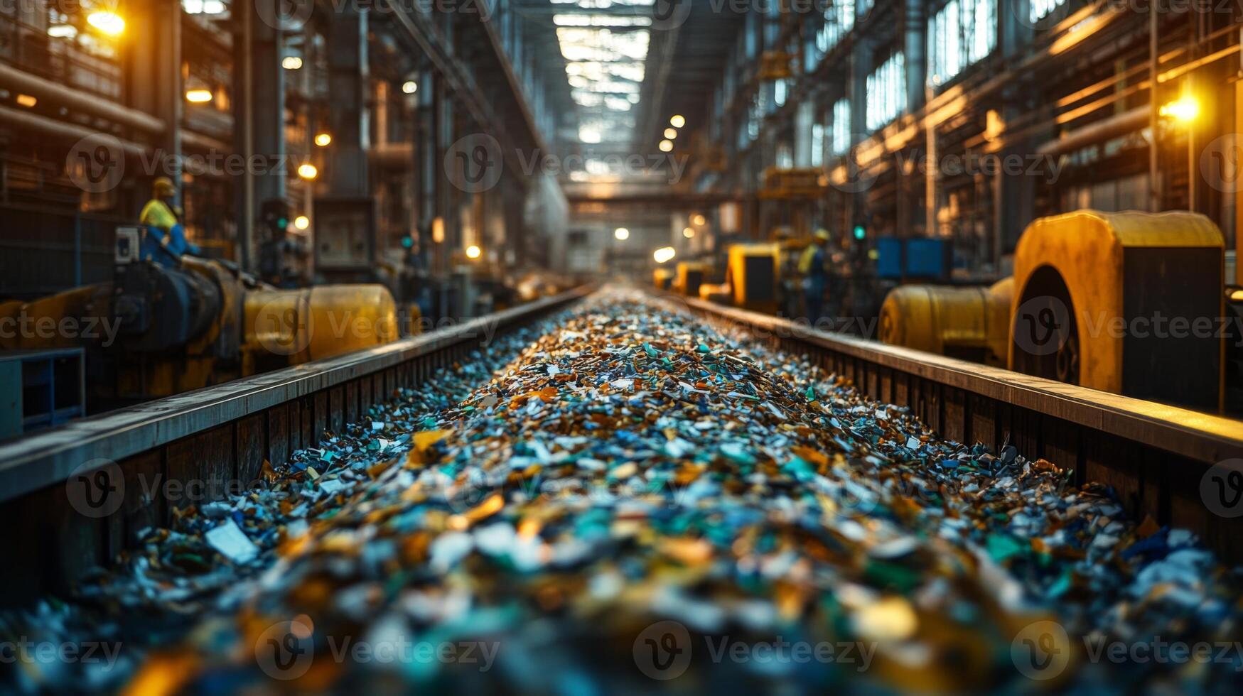 Workers are actively sorting and processing a mix of recyclable materials in a spacious logistics warehouse. Equipment and machinery operate efficiently under bright lighting. photo
