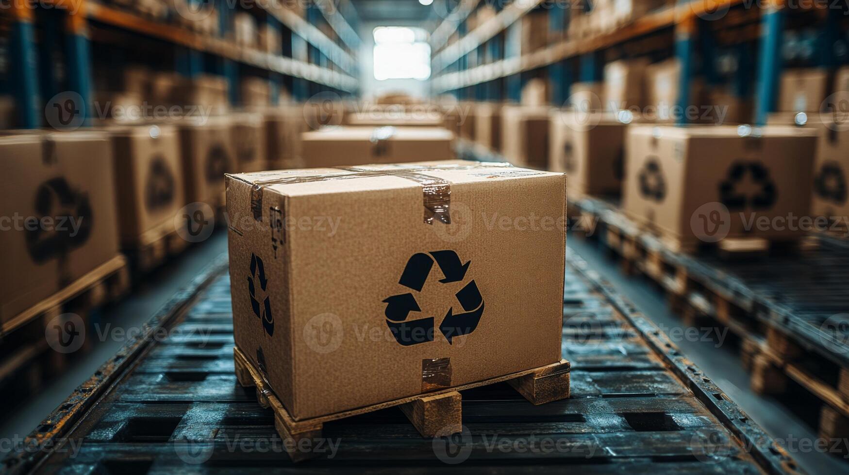 A warehouse filled with neatly stacked boxes on pallets, emphasizing sustainable packaging with recycling symbols, highlighting inventory management in logistics. photo