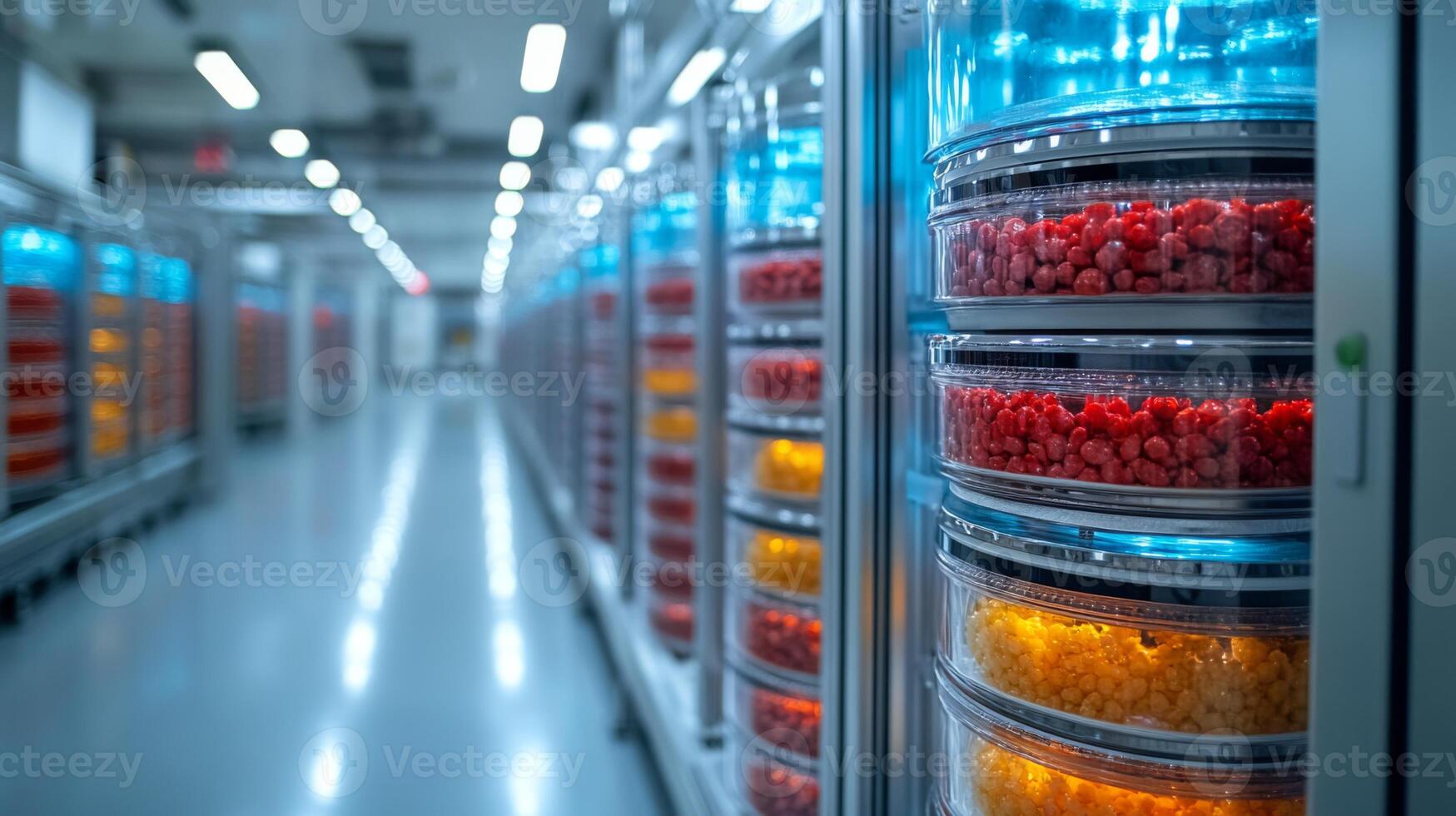 State of the art cold storage system displays vibrant perishable products arranged in clear containers, ensuring efficient inventory management for pharmaceuticals and food items. photo