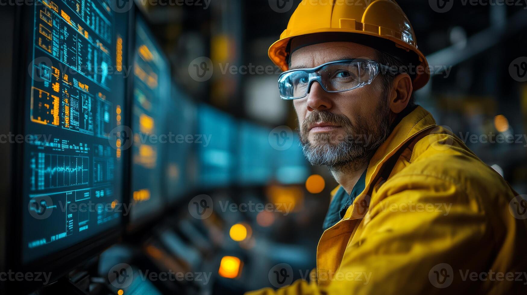 A skilled worker in a safety helmet and glasses analyzes data on multiple screens in a warehouse setting focused on optimizing logistics, inventory management, and sustainability efforts. photo