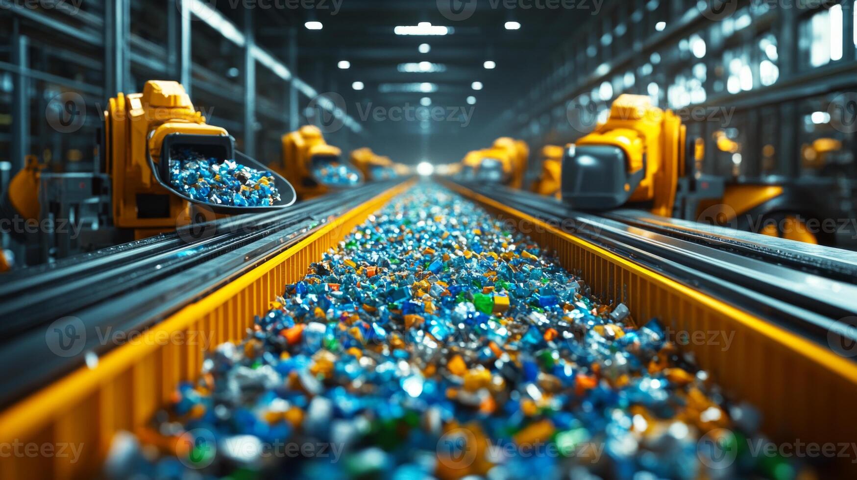 A high tech warehouse features a busy recycling line with vibrant plastic materials being sorted and processed. Workers oversee operations for effective waste management. photo