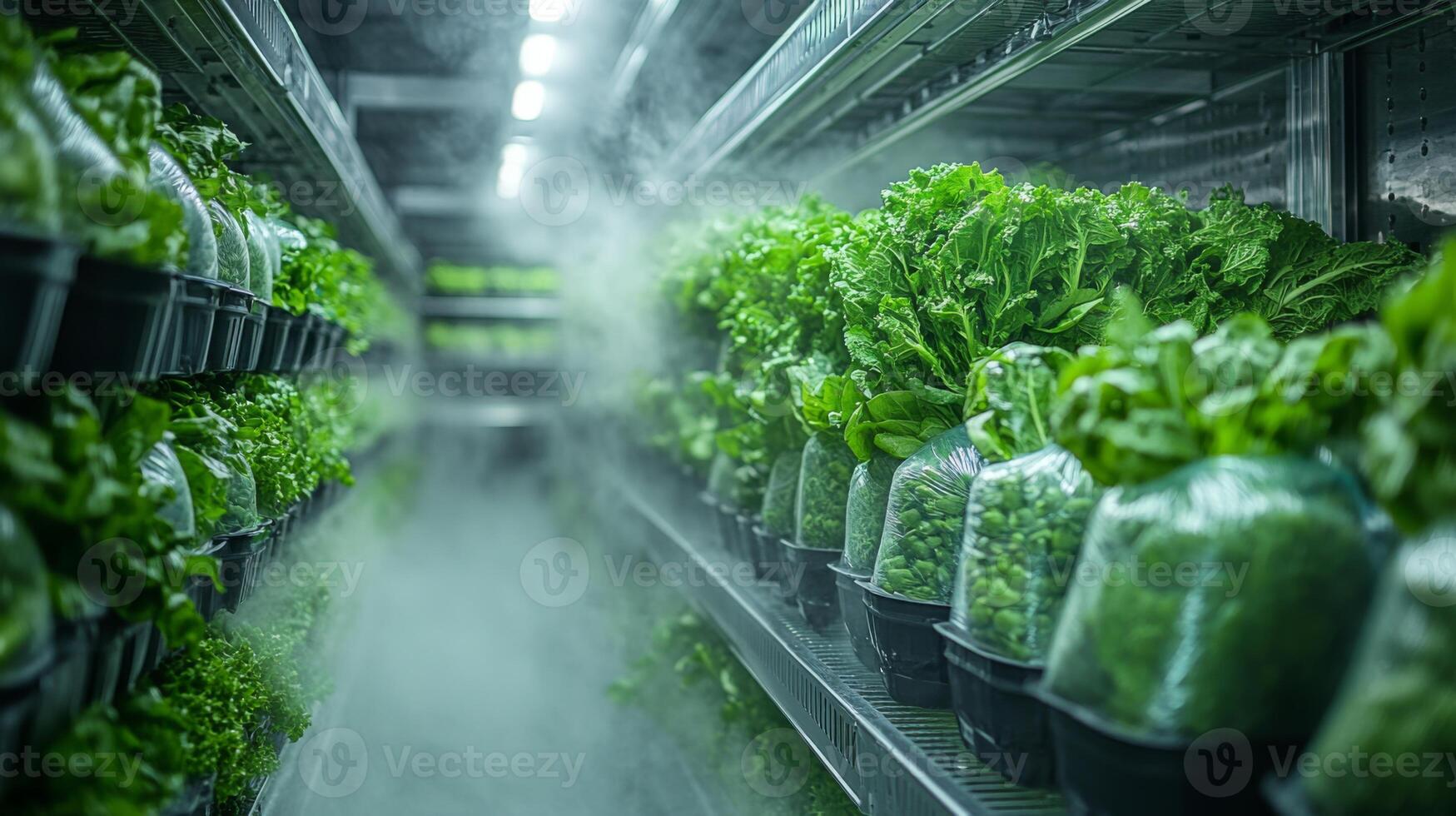 Fresh vegetables are neatly packaged and stored in a climate controlled environment, ensuring appropriate refrigeration for perishable goods in a distribution center. photo