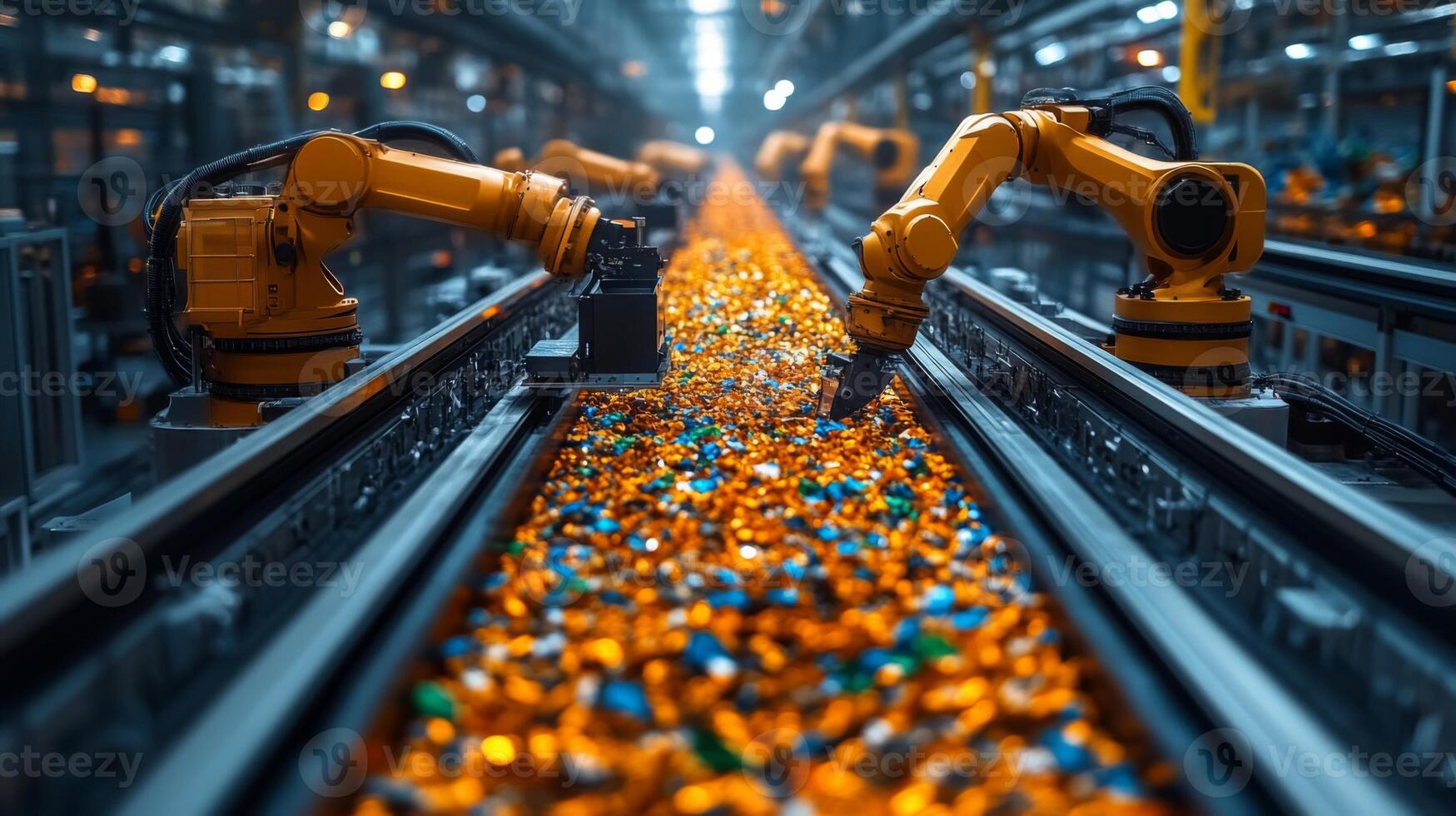 Robotic arms efficiently sort and organize colorful materials along a conveyor belt in an advanced logistics facility emphasizing recycling and waste management practices. photo