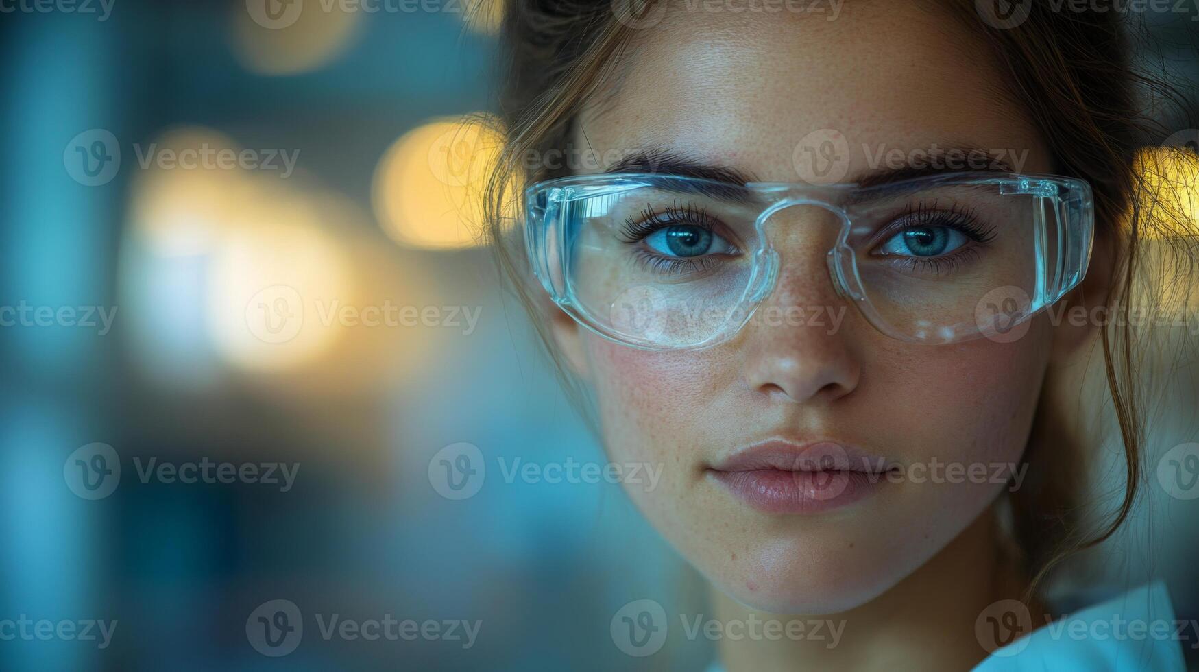 A woman with clear safety glasses is standing in a warehouse environment. She appears engaged and attentive, contributing to activities related to logistics and sustainable practices. photo