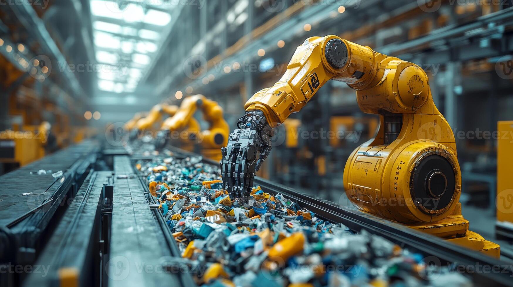 Advanced robotic arms efficiently sort through mixed materials on a conveyor belt in a logistics warehouse focused on recycling and sustainability during daylight hours. photo