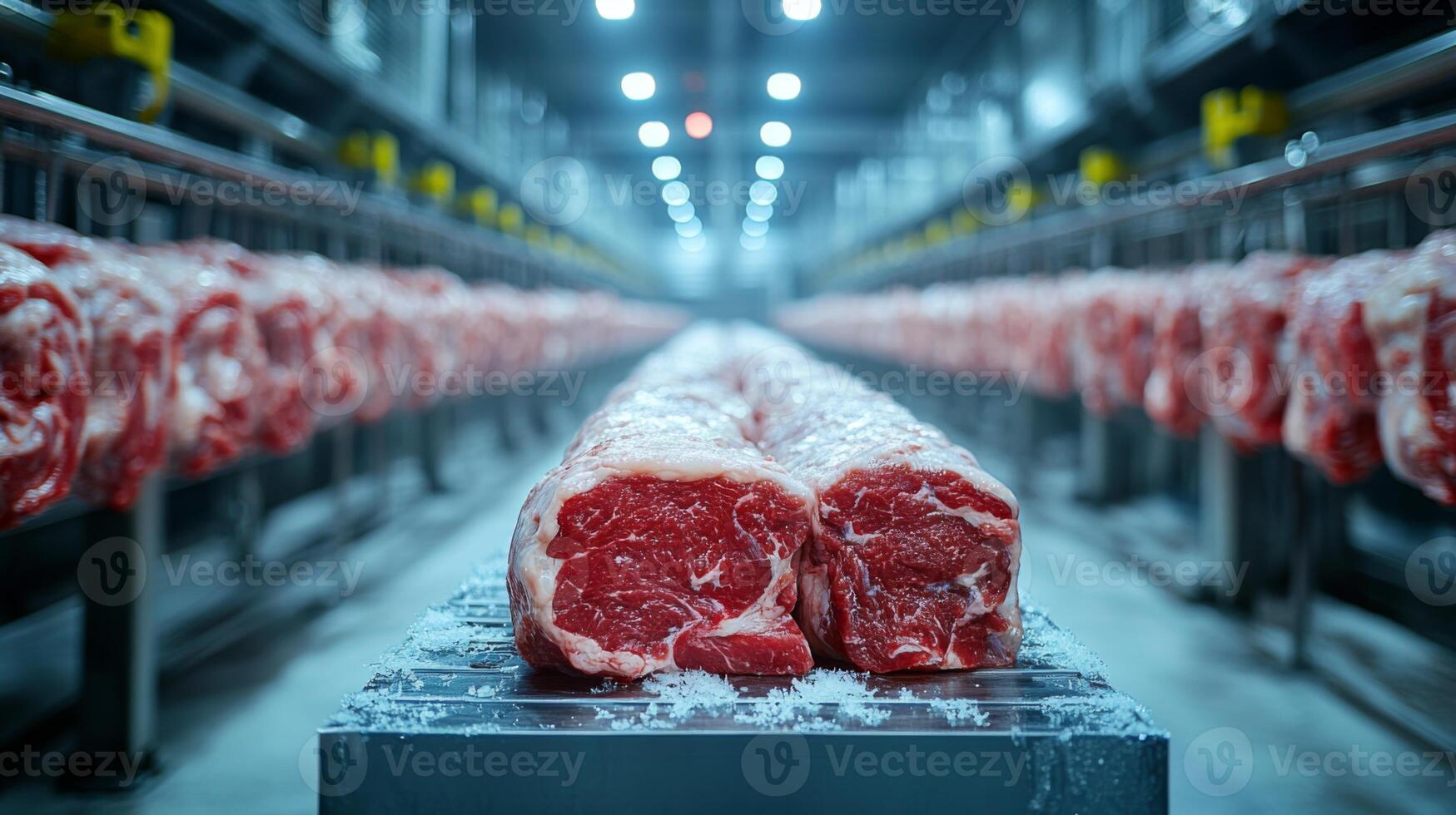 Refrigerated warehouse showcasing large cuts of meat on display for distribution. The facility maintains optimal climate control to ensure freshness and safe inventory management. photo