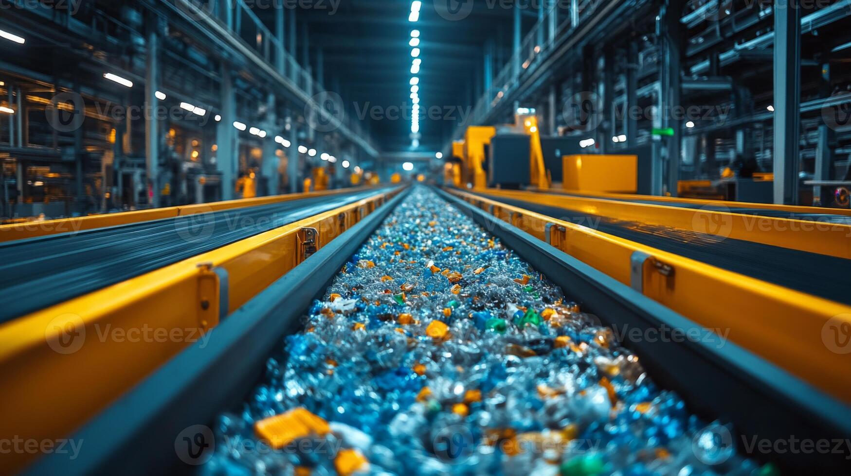 Conveyor belts transport various recyclable materials through a modern warehouse dedicated to efficient logistics and sustainable waste management practices. photo