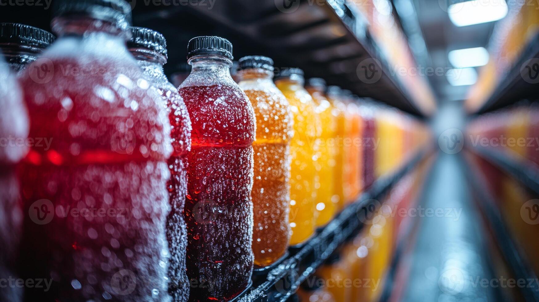 Rows of refrigerated shelves display colorful bottled beverages, featuring condensation on the glass. The warehouse maintains a climate controlled environment suitable for perishable goods. photo