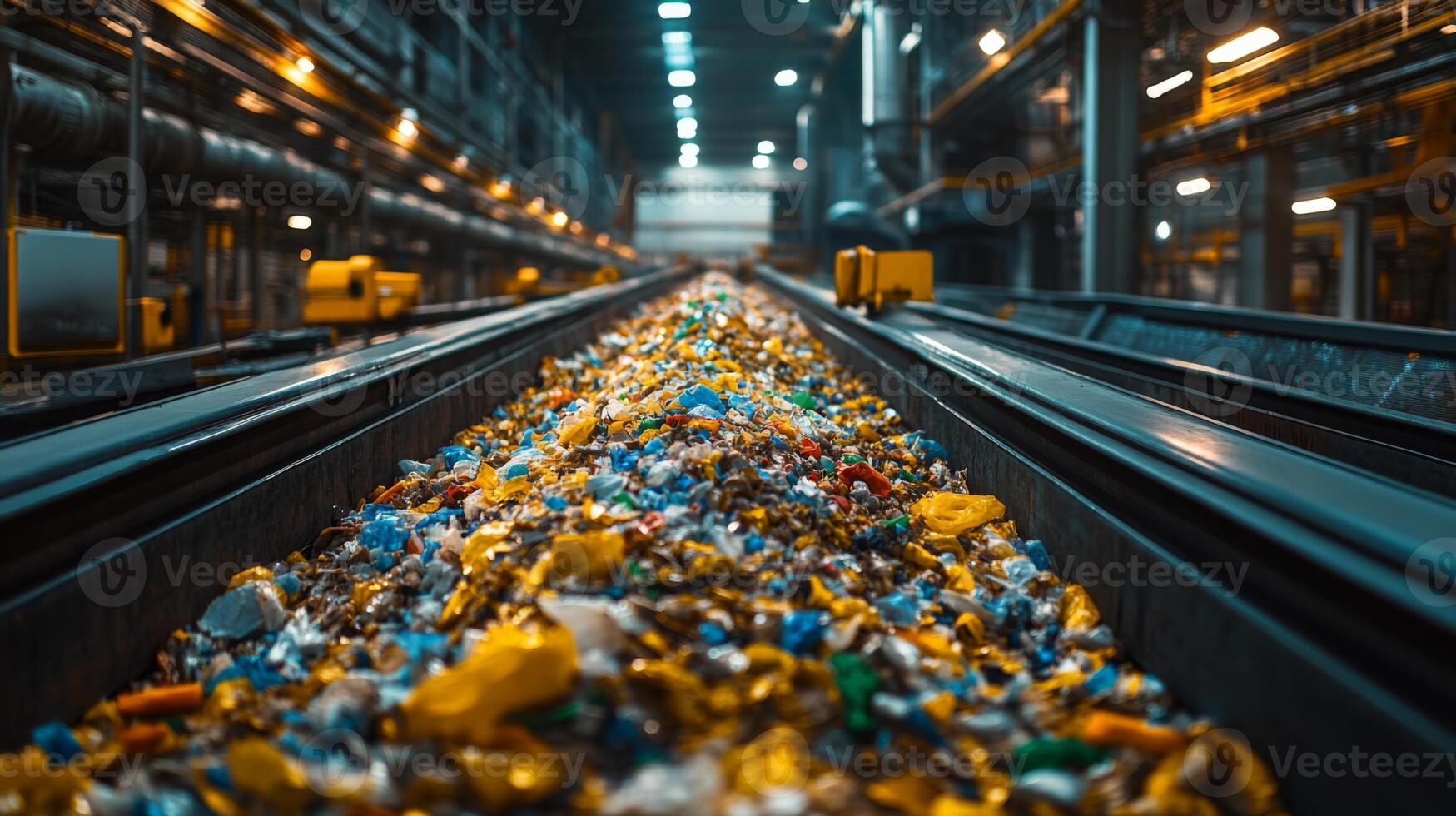 Conveyor belts transport a mix of recyclable materials through a busy warehouse prioritizing waste management and efficient inventory practices for sustainable operations. photo
