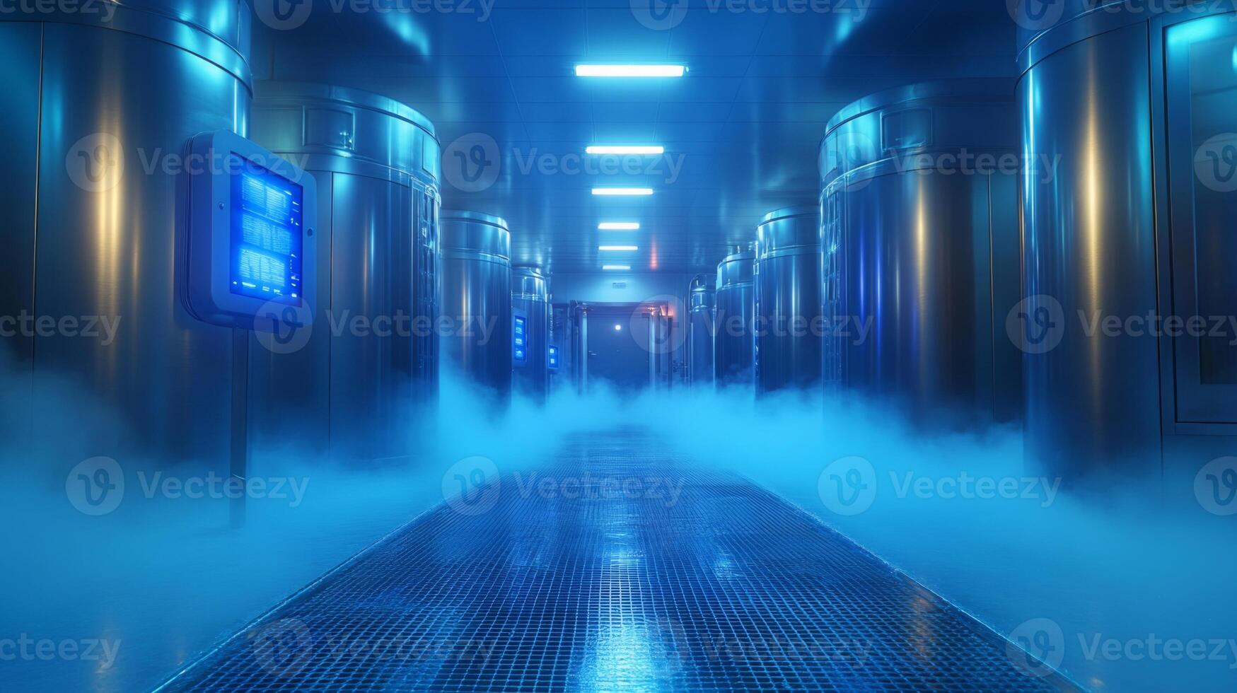 A highly advanced cold storage facility features various refrigeration units designed for inventory management of perishable items and pharmaceuticals. The environment is tightly controlled. photo
