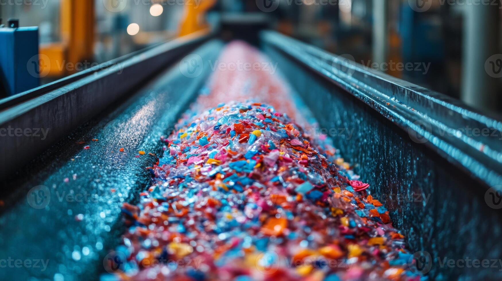 A conveyor belt carries vibrant shredded materials ready for recycling in an advanced logistics facility that emphasizes sustainability and waste reduction practices. photo