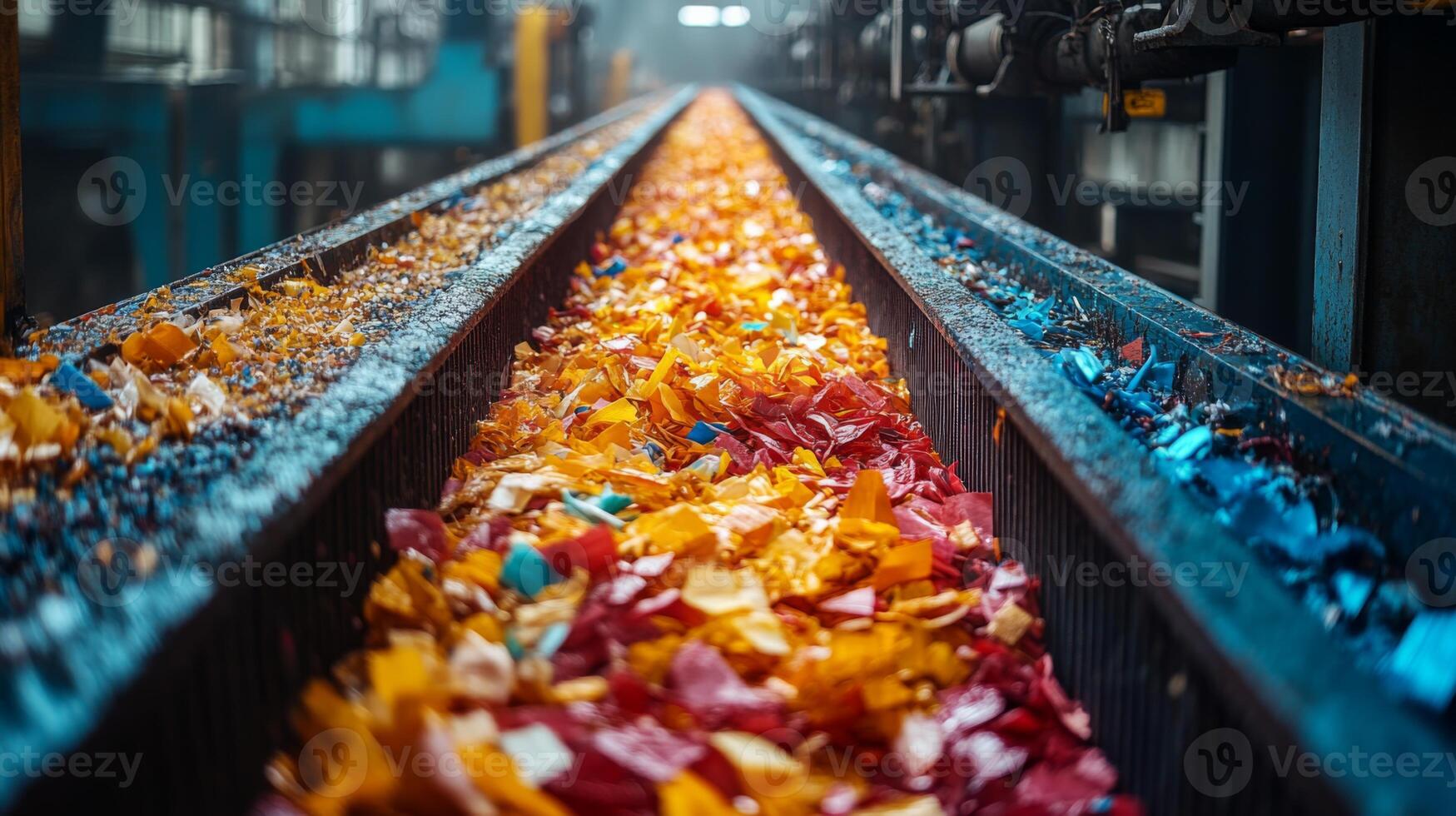 A conveyor belt in a distribution warehouse filled with colorful shredded materials, ready for recycling emphasizes the importance of sustainability and responsible waste management practices. photo