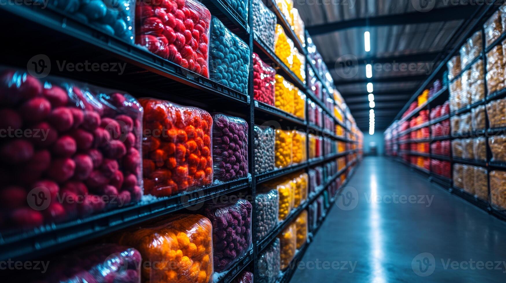 Rows of vibrant containers filled with perishable items are neatly arranged in a cold storage facility, showcasing effective inventory management in a climate controlled environment. photo