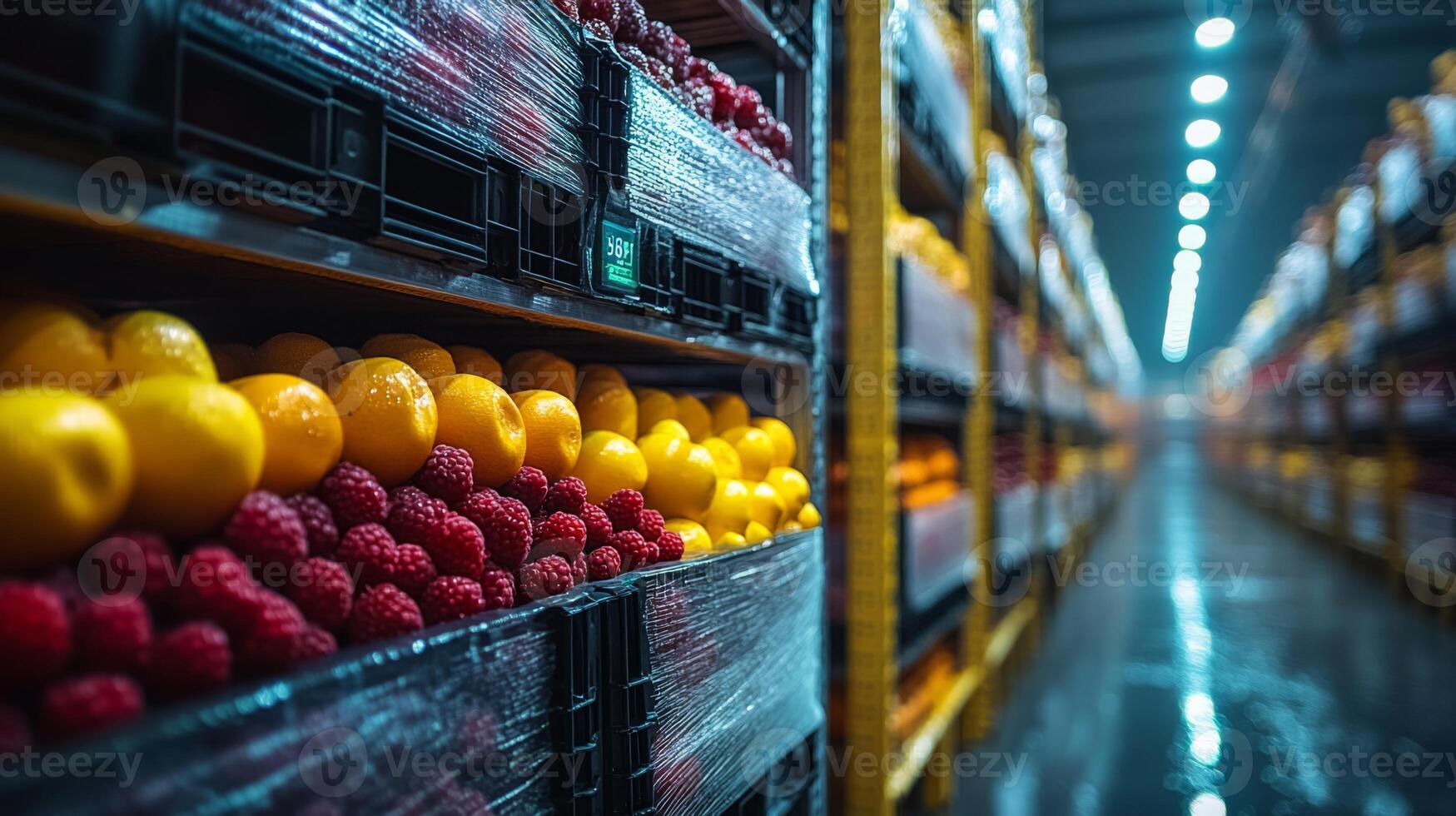 Rows of vibrant fruits, such as oranges and raspberries are neatly organized in a cold storage warehouse designed for handling perishable items in a controlled environment. photo