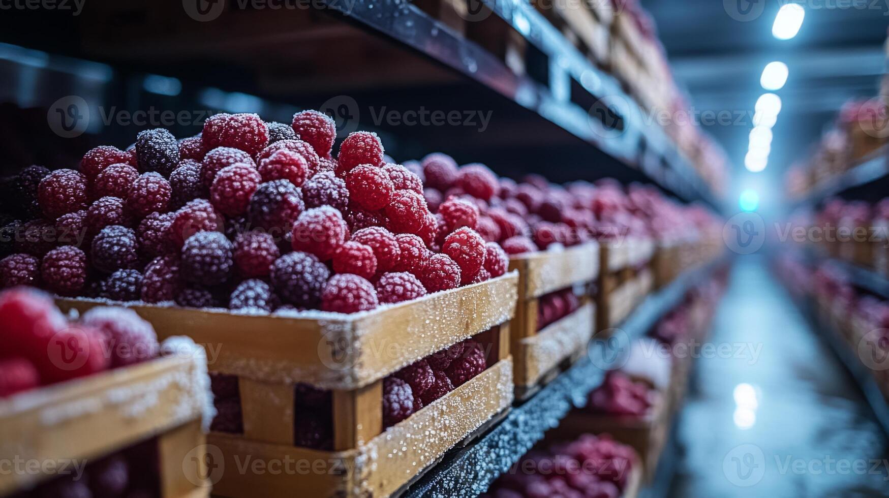Frozen raspberries are neatly stored in wooden crates along rows of shelving in a climate controlled warehouse designed for perishable inventory management. photo