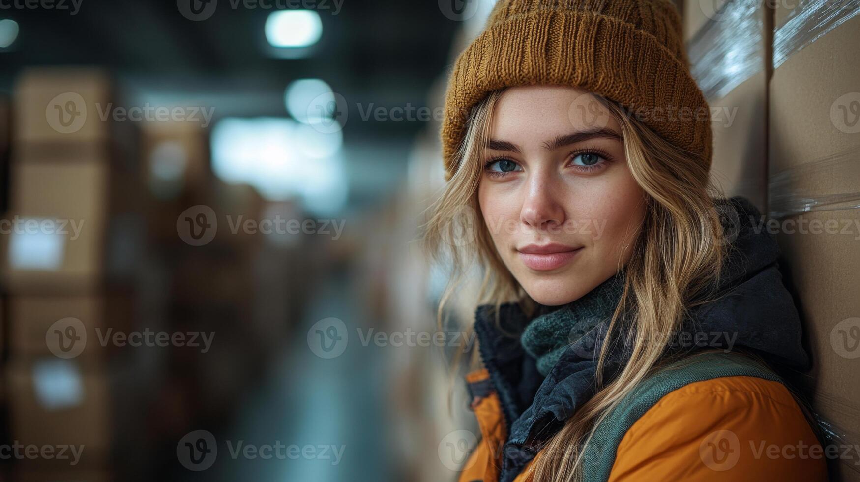 A logistics worker is standing in a warehouse surrounded by stacks of boxes. She is focused and dressed warmly, reflecting an industrious atmosphere dedicated to efficient inventory management. photo