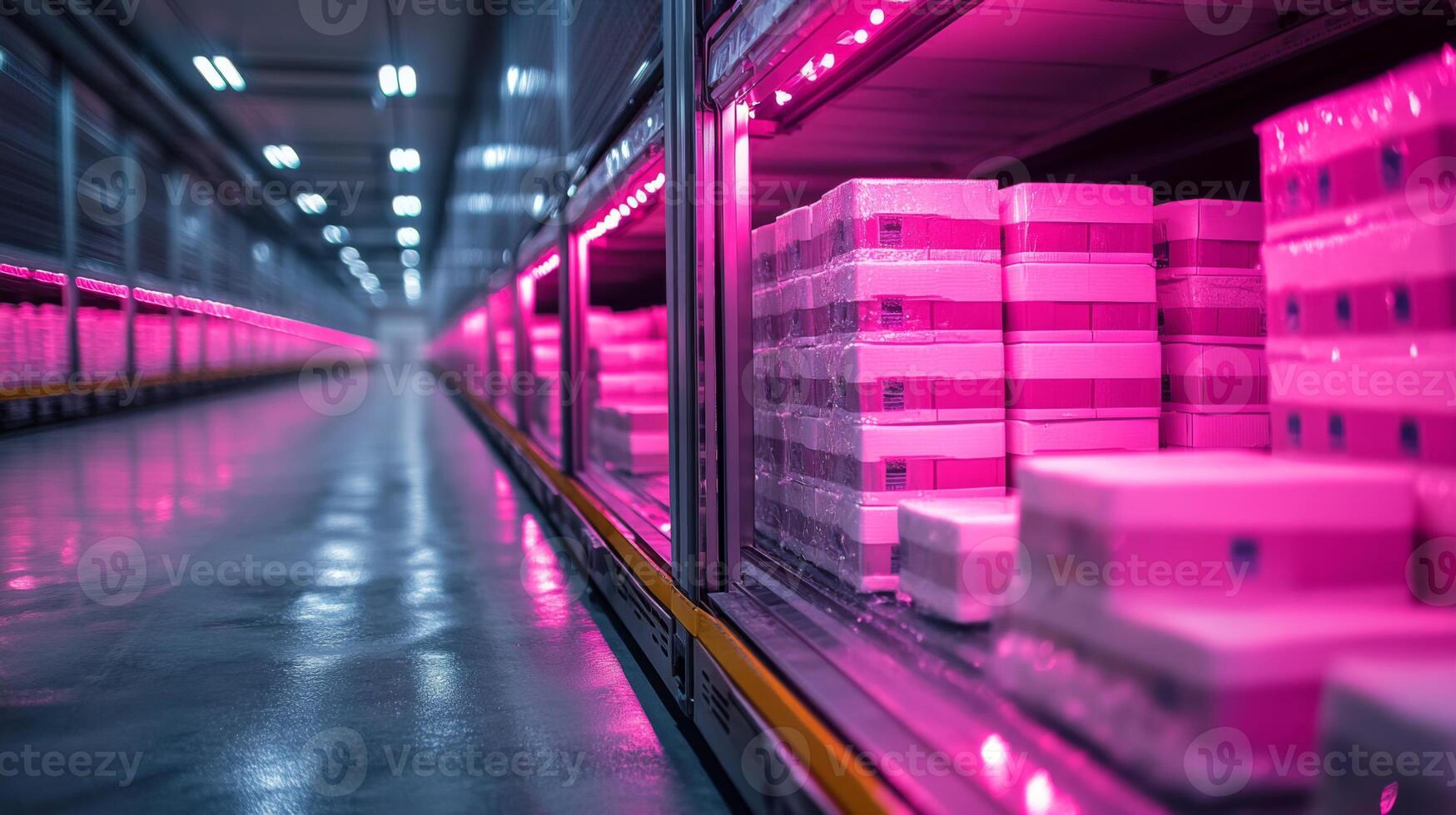 A climate controlled warehouse is set up for cold storage, featuring organized shelves filled with packages designed for perishable pharmaceutical items. photo