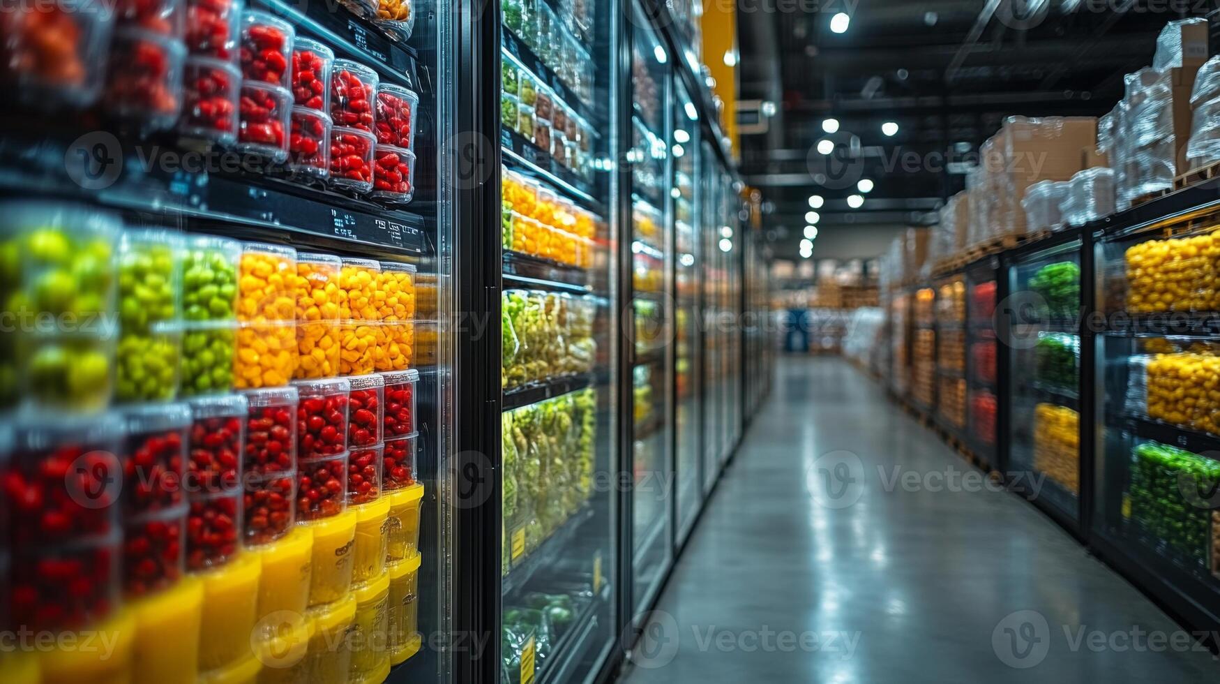 Fresh fruits and vegetables are neatly organized in a cold storage facility designed for the distribution of perishable inventory. Refrigeration units maintain optimal climate control. photo